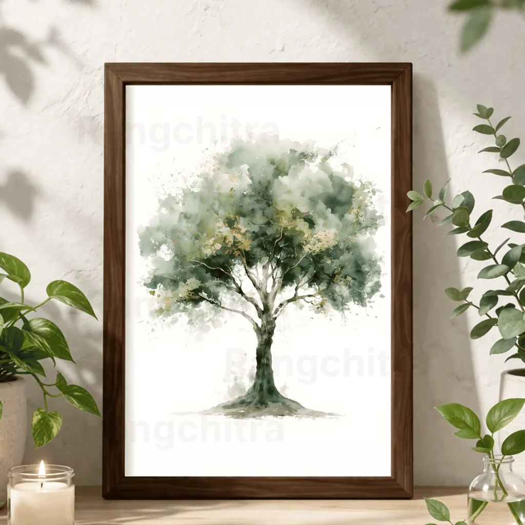 green tree wall art print watercolor growth gold accents India Rangchitra