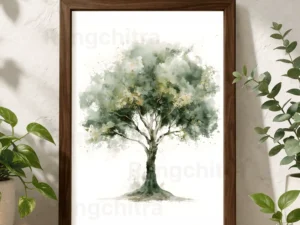 green tree wall art print watercolor growth gold accents India Rangchitra