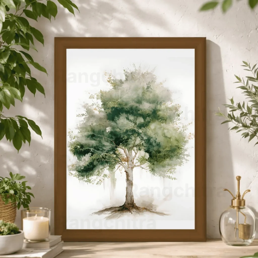 green tree wall art print watercolor growth gold accents India Rangchitra
