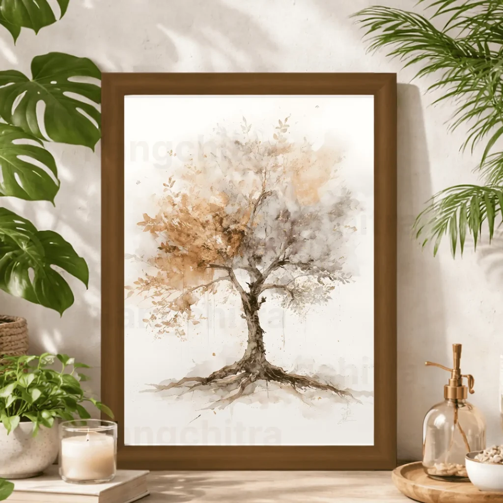 Sunset tree wall art print watercolor growth gold accents India Rangchitra