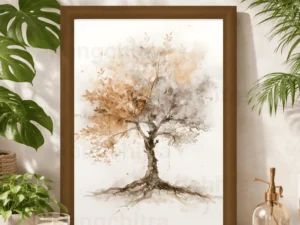 Sunset tree wall art print watercolor growth gold accents India Rangchitra