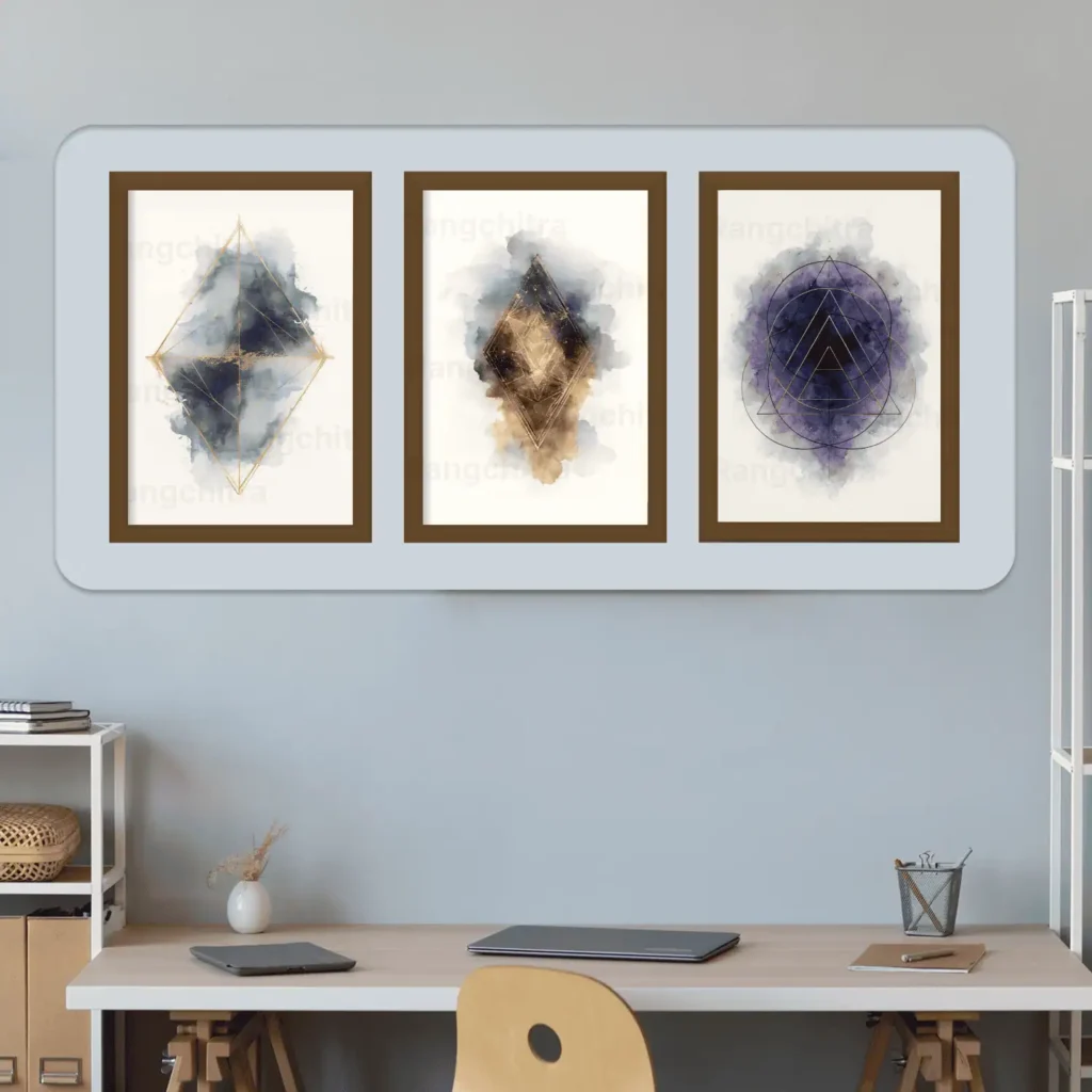 geometric wall art set of 3 watercolor energy prints India Rangchitra
